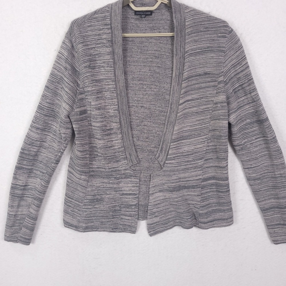 Eileen Fisher Cardigan Womens Medium M Grey Space Dye Open Front Tencel Cotton